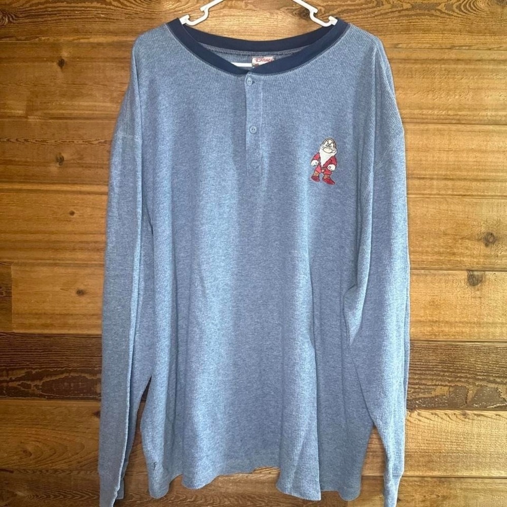 Men's Henley Disney blue long sleeve shirt with embroidered character. Size: XXL